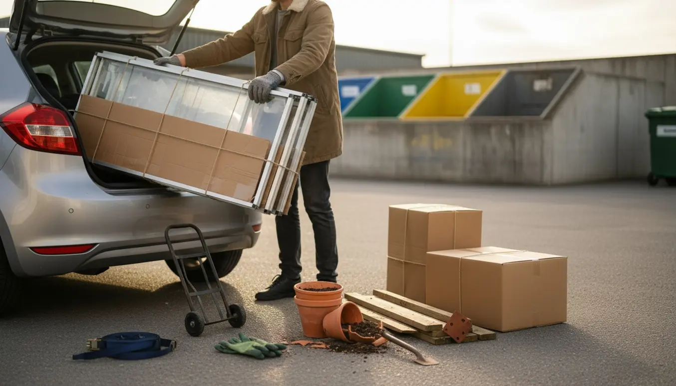 Åben bilbagagerum med et minis drivhus og blandet skrot klar til aflevering på genbrugspladsen.