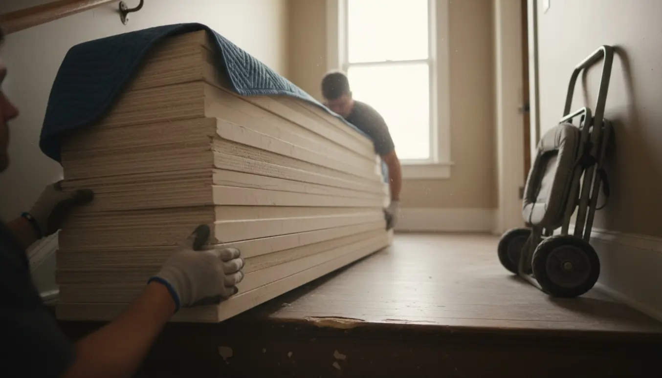 To personer bærer flere gipsplader op ad en trappe i et opgangsbyggeri, mens de forsigtigt svinger dem rundt om et hjørne.