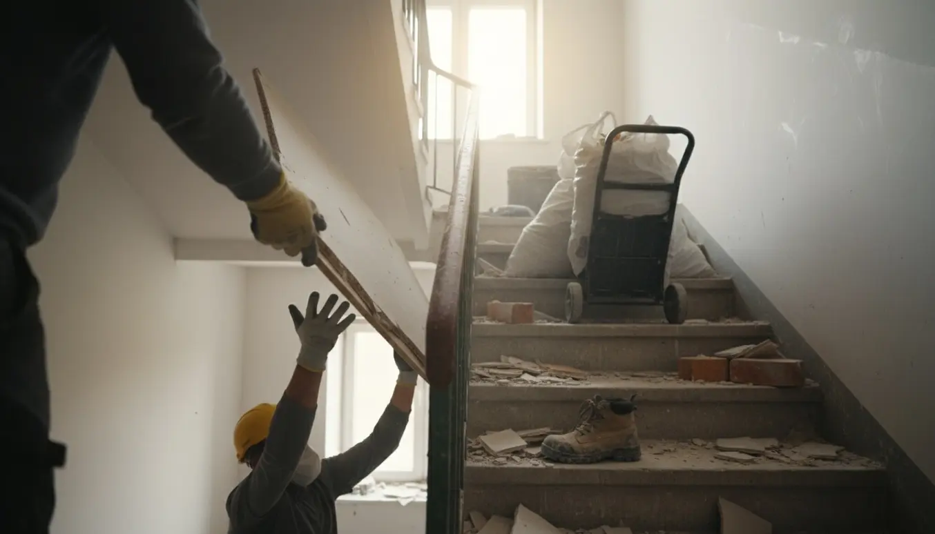 Bygningsaffald bæres ned ad en trappe fra 4. sal af håndværkere med handsker og værktøj.