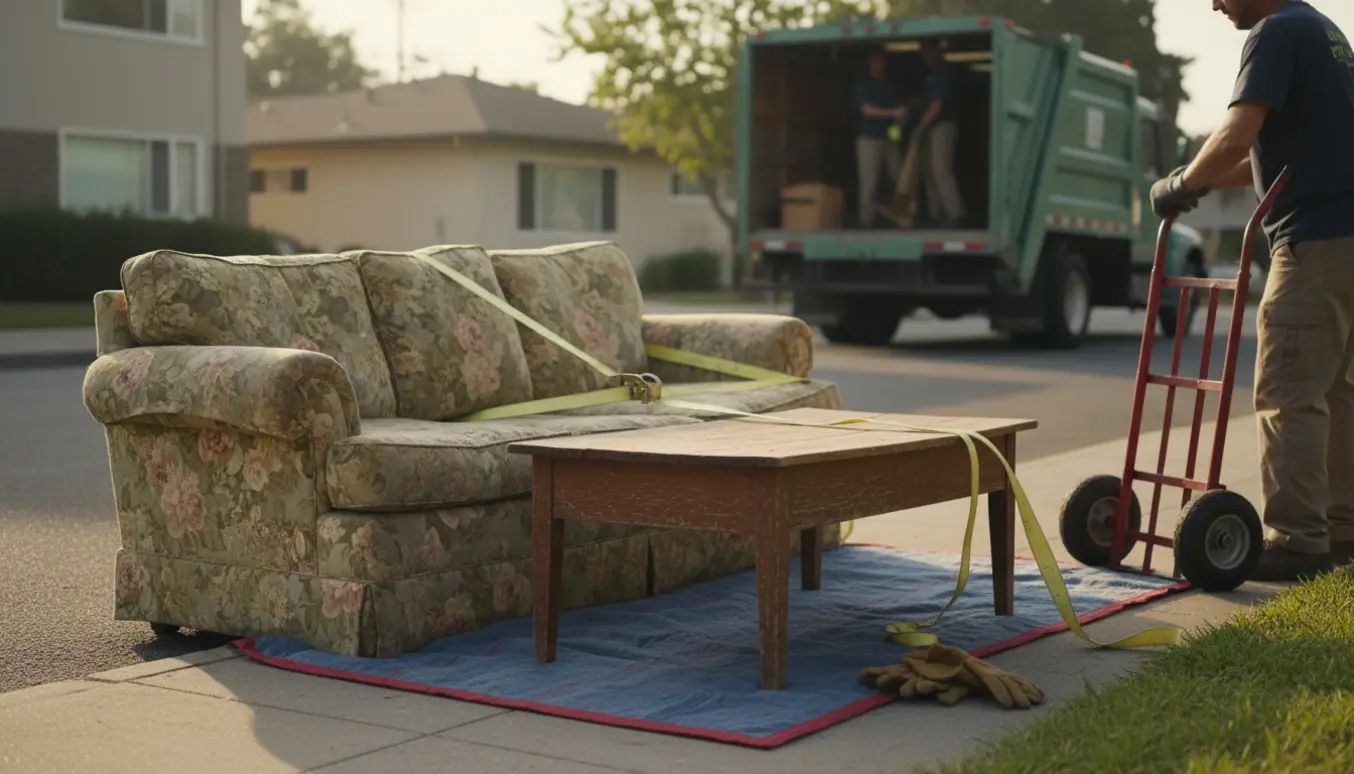 En slidt sofa og et bord stillet ud til afhentning til storskrald ved fortovet foran en lejlighedsbygning.