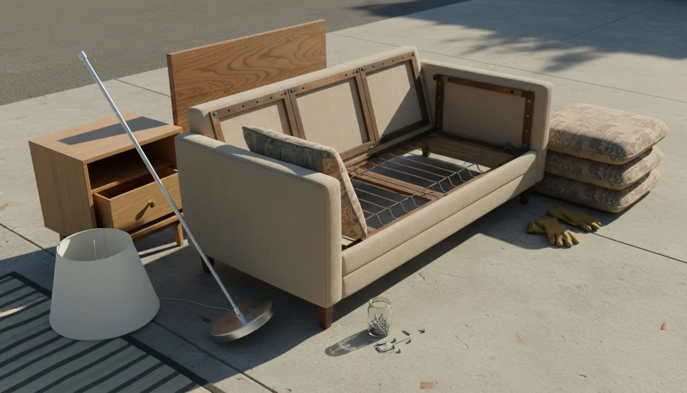 Demonterede møbler på indkørsel: sofa uden armlæn, sofabord, tv-bord og standerlampe klar til genbrugsstation.