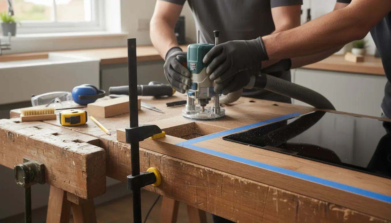 Hænder tilpasser en bordplade med stiksav og måleværktøj for at få plads til en ny induktionskogeplade.