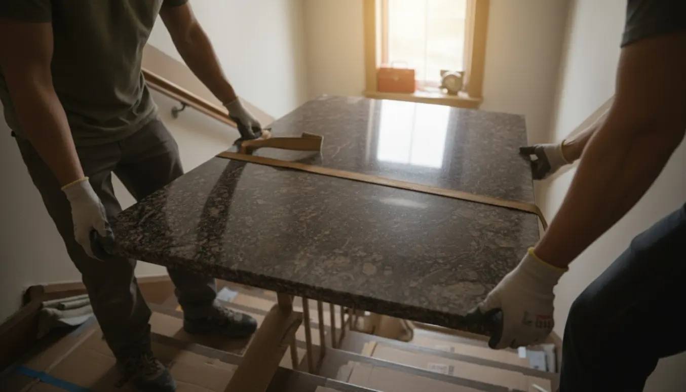 To personer bærer en tung granitbordplade ned ad en almindelig opgangstrappe.