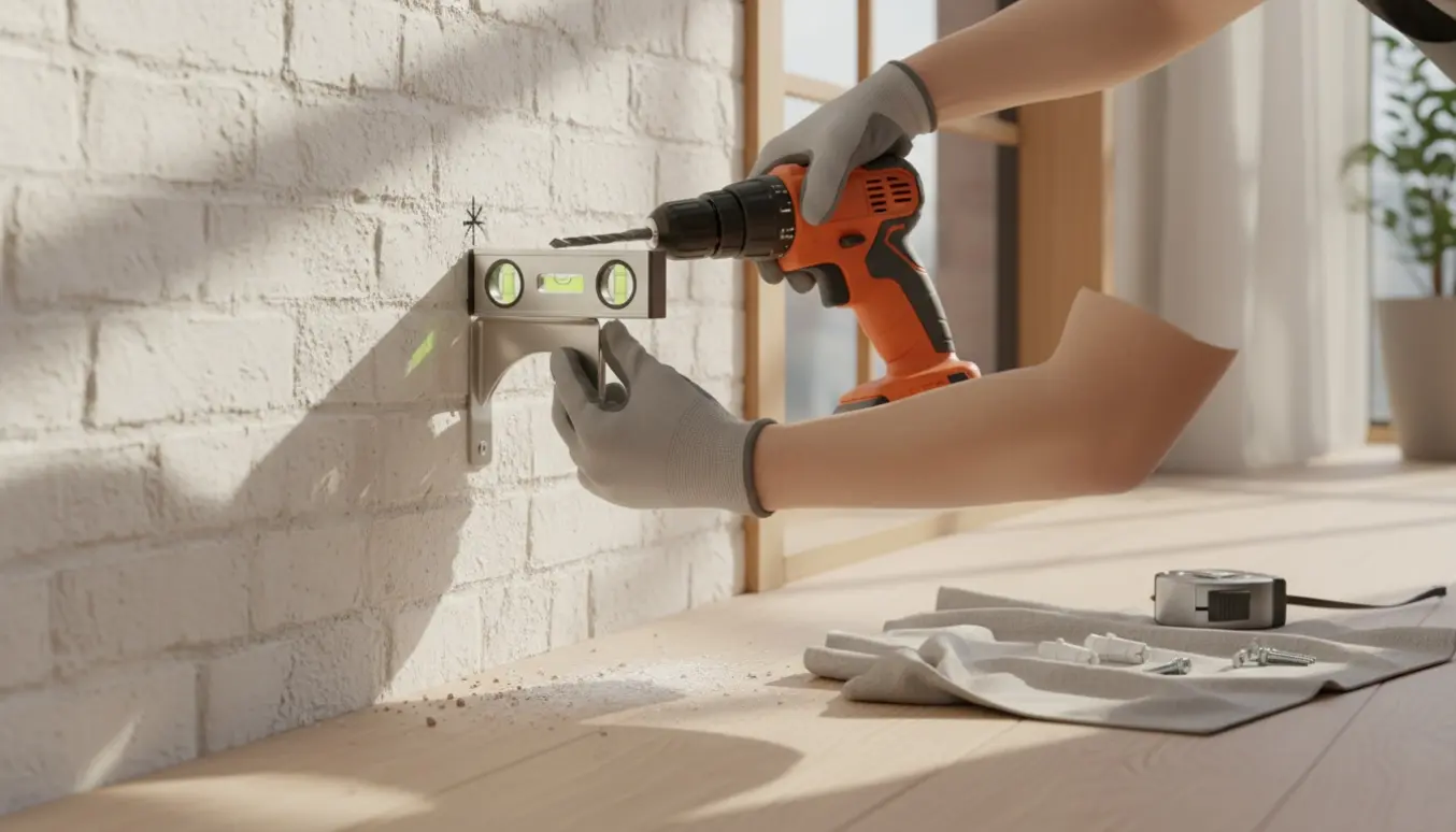 Nærbillede af hænder, der monterer en lille gardinstang i en murvæg med bor, rawlplugs og vaterpas.