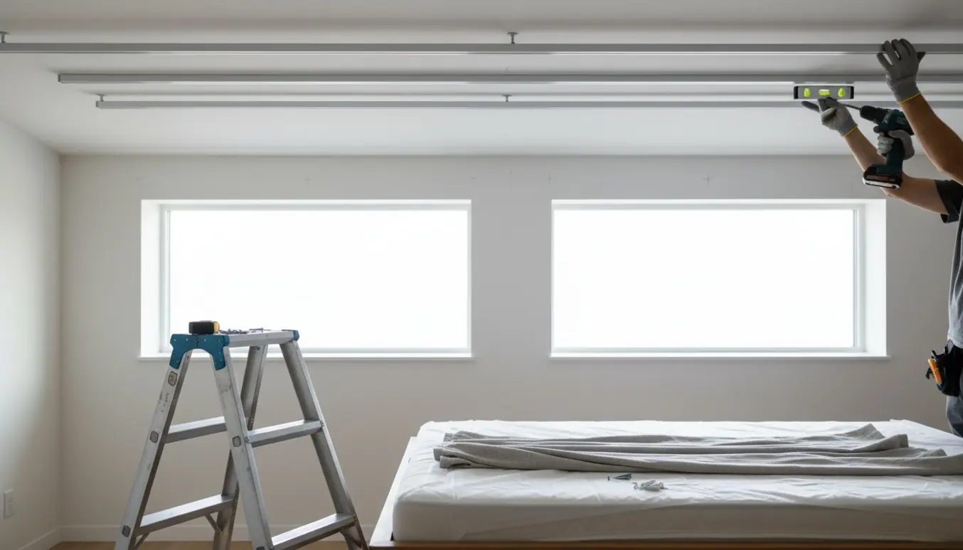 Hænger loftskinner til gardiner op foran to soveværelsesvinduer med boremaskine og målebånd.