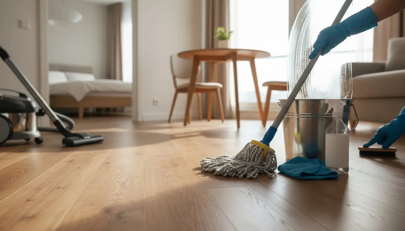Nærbillede af grundig rengøring i en toværelses lejlighed med handske, moppe og skinnende ludbehandlet trægulv samt stribefri vindue.