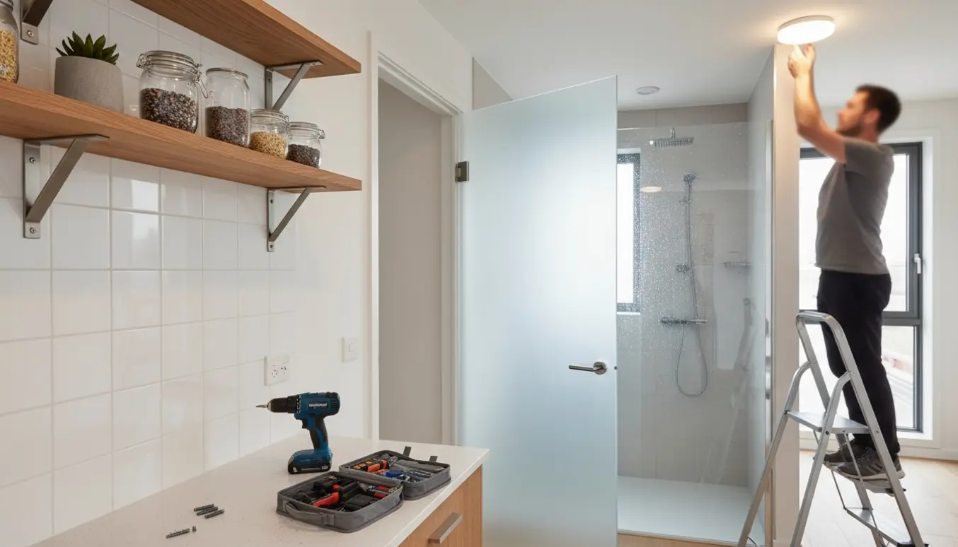 Indendørs billede med nymonterede hyldeknægte i køkkenet, en ny bruser i badeværelset og en loftslampe under montering.