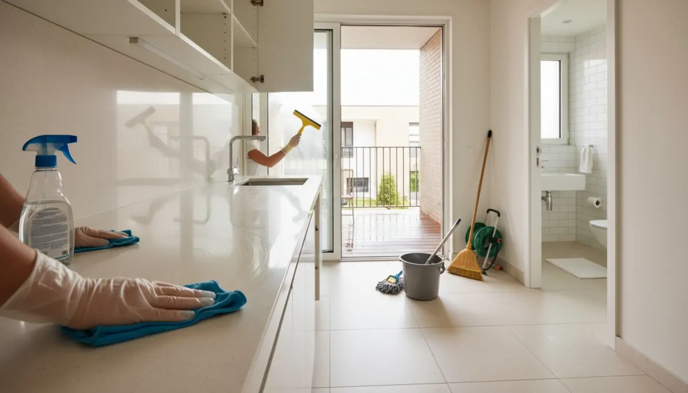 Tom, lys lejlighed under hovedrengøring med handsker, klud, vinduesskraber og rengøringsredskaber ved køkken og terrasse.