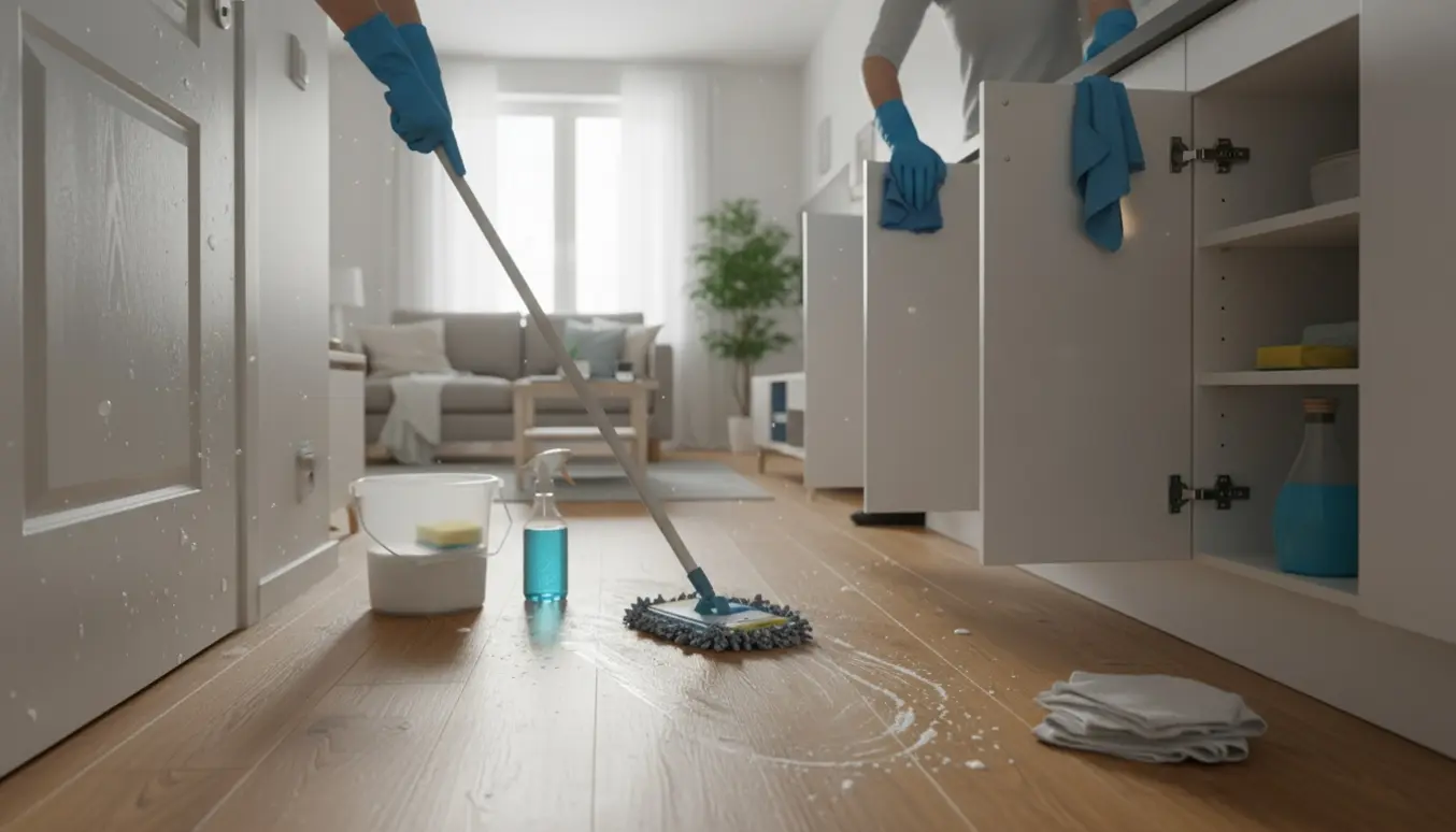 Hænder i gummihandsker pudser døre og skabe og vasker gulvet i en lys lejlighed.