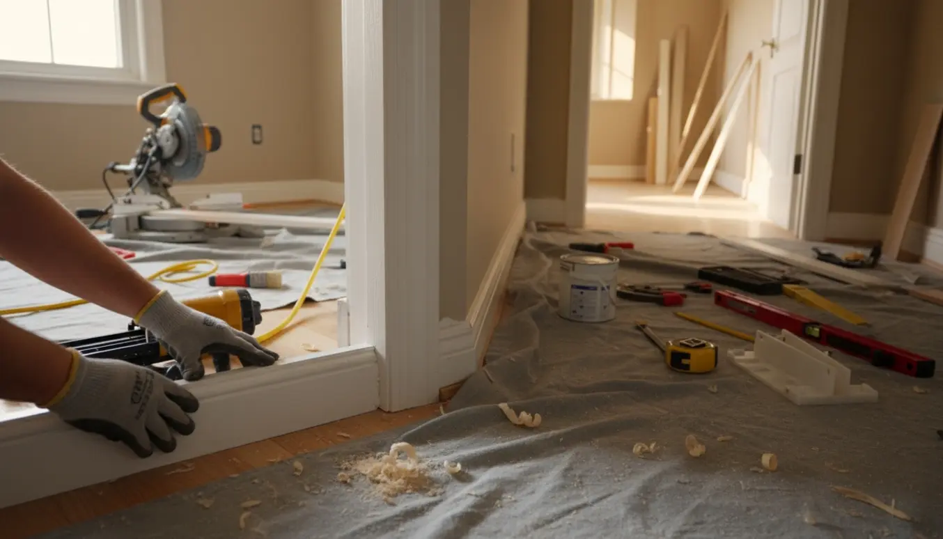 Hænder monterer nye fodpaneler i to værelser og en gang med værktøj i baggrunden.