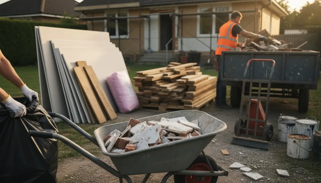 Gårdhave ved renoveret hus med bunker af byggeaffald og arbejdshandsker, der binder en sort sæk.
