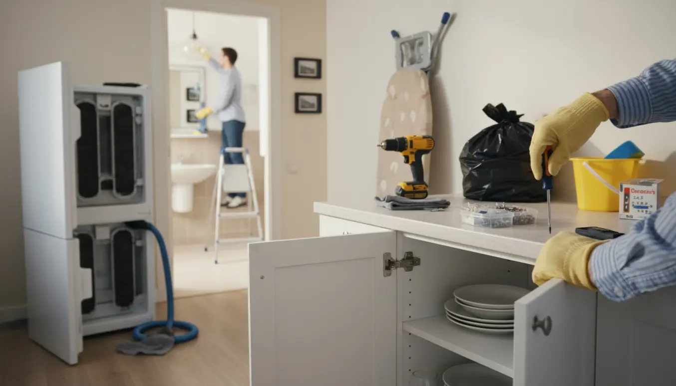 Hænder justerer et køkkenskabshængsel mens køleskab er trukket ud, et gammelt strygebræt venter på skrald, og håndværktøj ligger fremme.