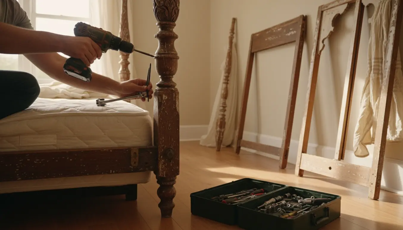 Hænder skruer en gammel træhimmelseng fra hinanden i et solbeskinnet soveværelse med værktøj på gulvet.