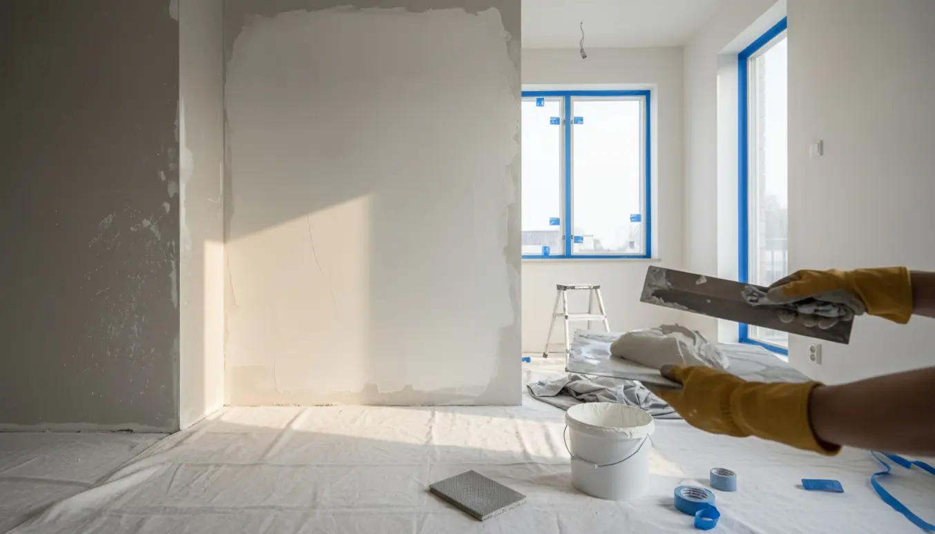 Hænder spartler en væg i en lys skandinavisk stue med værktøj og afdækningsdug.