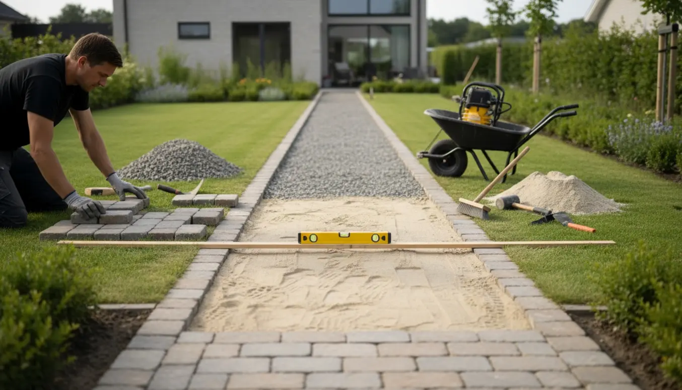 Flisegang med herregårdssten under omlægning, synligt grusbæddet og anlægsværktøj.