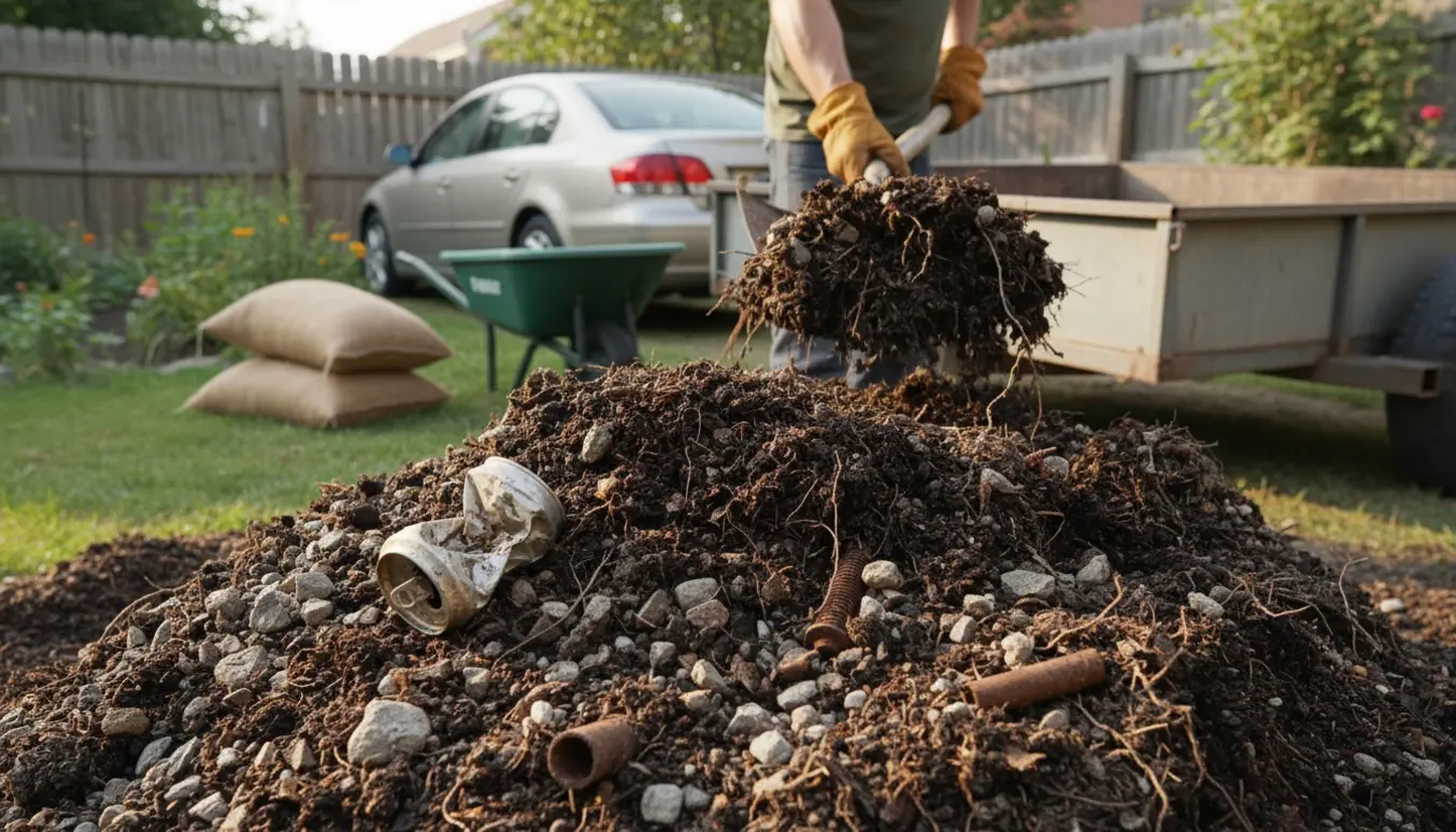 Blandet kompost, jord, sten og metal læsses i en trailer i en lille have.