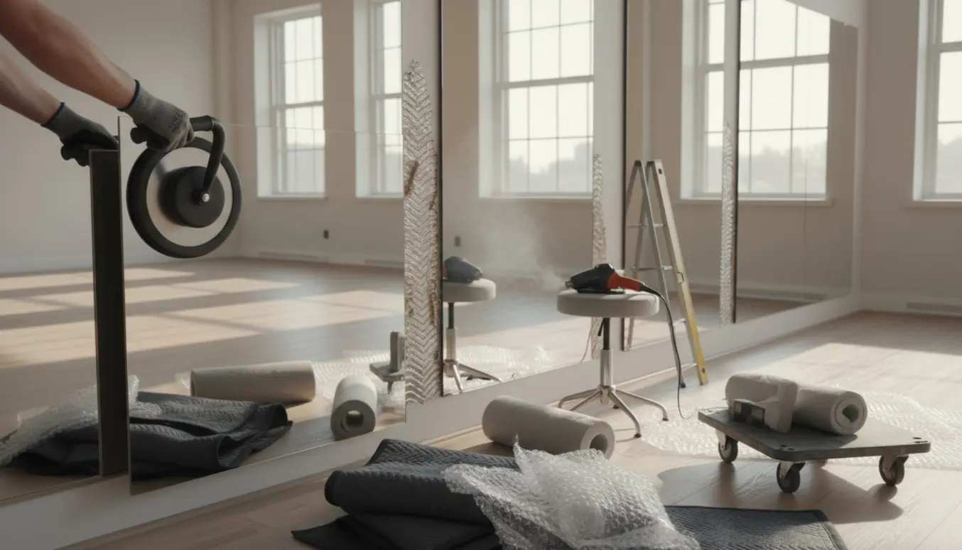 Hænder med sugekop og værktøj fjerner store opklæbede spejle i en dansesal med flytteudstyr i baggrunden.