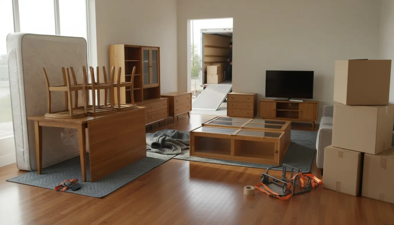 Møbler og otte store flyttekasser i en stue klar til at blive lastet i en flyttebil.