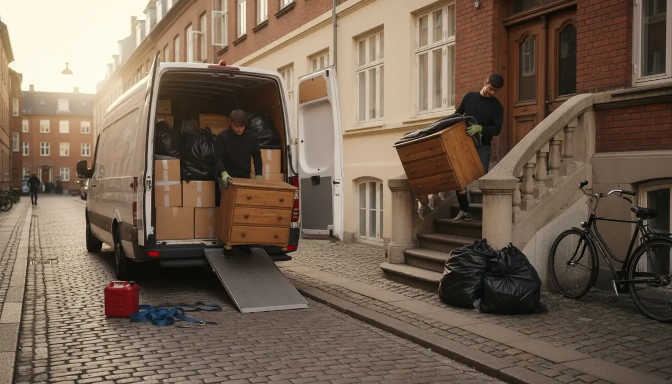 Flyttefolk læsser to små kommoder og ti sorte sække med tøj ind i en hvid flyttevogn foran en københavnsk ejendom.
