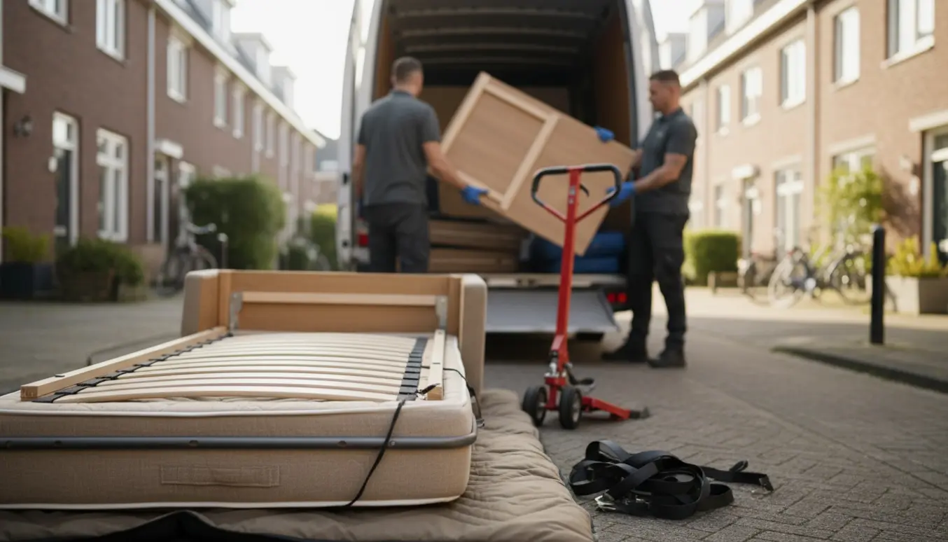 Ophavede dele af en sovesofa læsses forsigtigt ind i en flyttevogn på en stille boligvej.