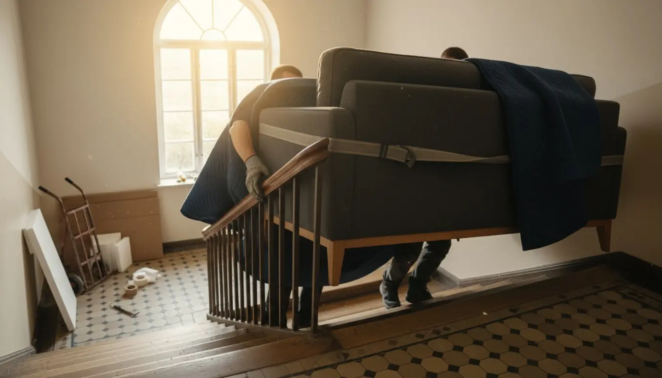 Flyttefolk bærer en stor Madison-sofa ned ad en lys trappeopgang, omgivet af flyttetæpper og tralle.
