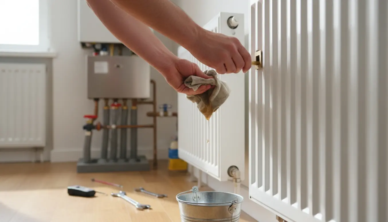 Et par hænder bruger en luftningsnøgle på en radiator med en spand og en varmeveksler i baggrunden.