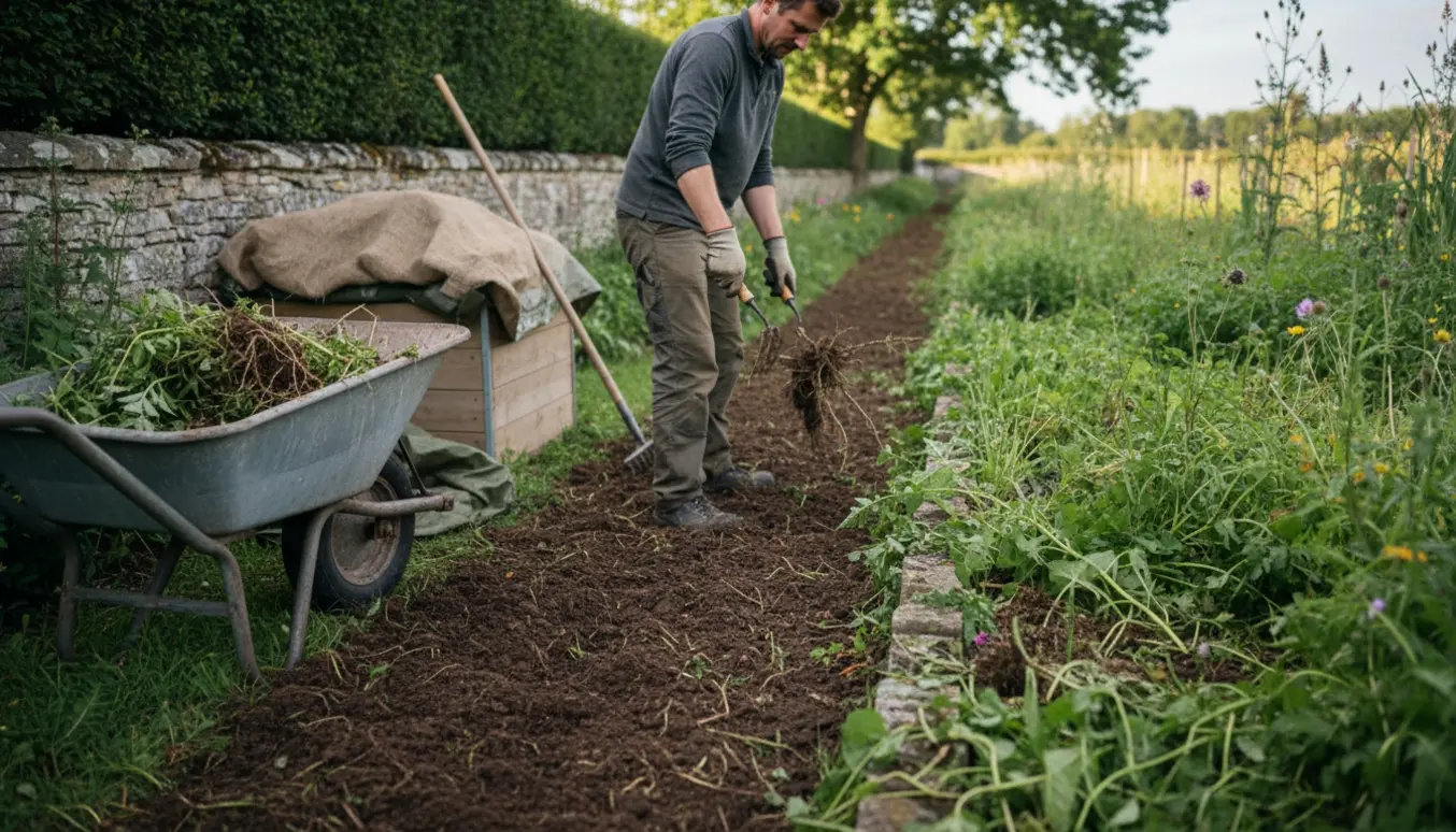 Nærbillede af lugearbejde langs en lang hæk, hænder i handsker trækker ukrudt op og lægger det i en trillebør ved en kompostbunke.