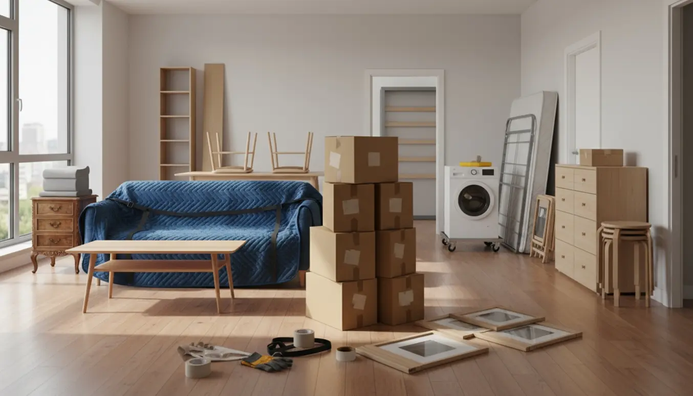 Et lyst, ryddeligt stueinteriør fyldt med pakkede flyttekasser og møbler klar til at blive læsset i en flyttebil.