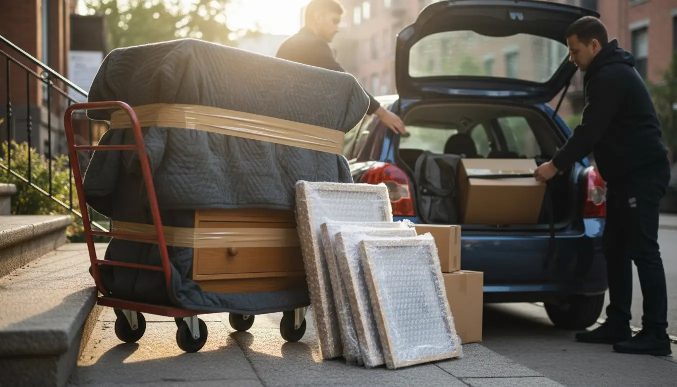 To indpakkede skuffesektioner og fem billedrammer læsses ind i et åbent bagagerum på fortovet.