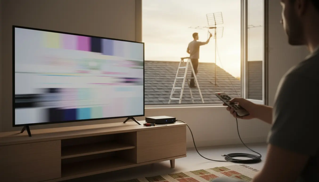 En person justerer en tagantenne mens et tv indendørs viser en uklar signalindikator.