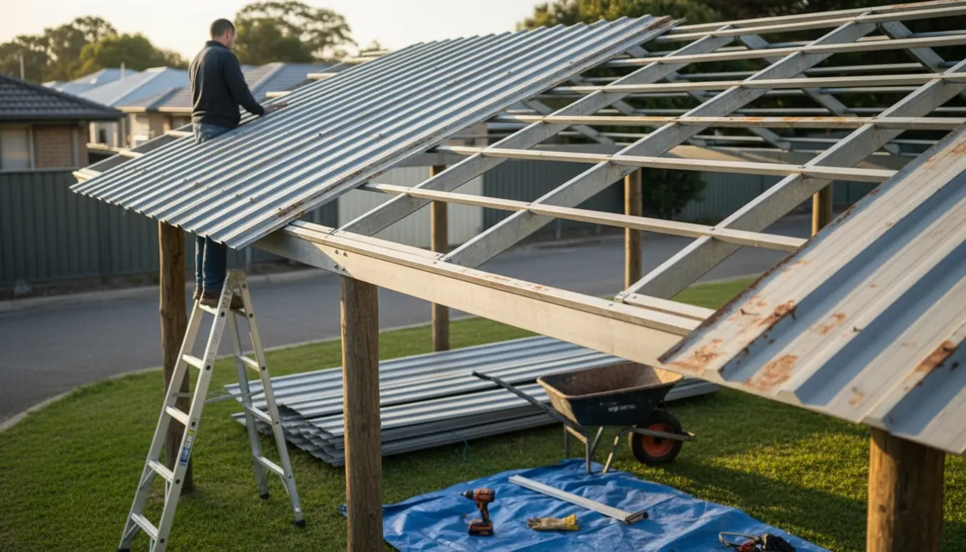 Håndværker fjerner trapezplader fra en carport med værktøj og en stak fjernede metalplader i forgrunden.