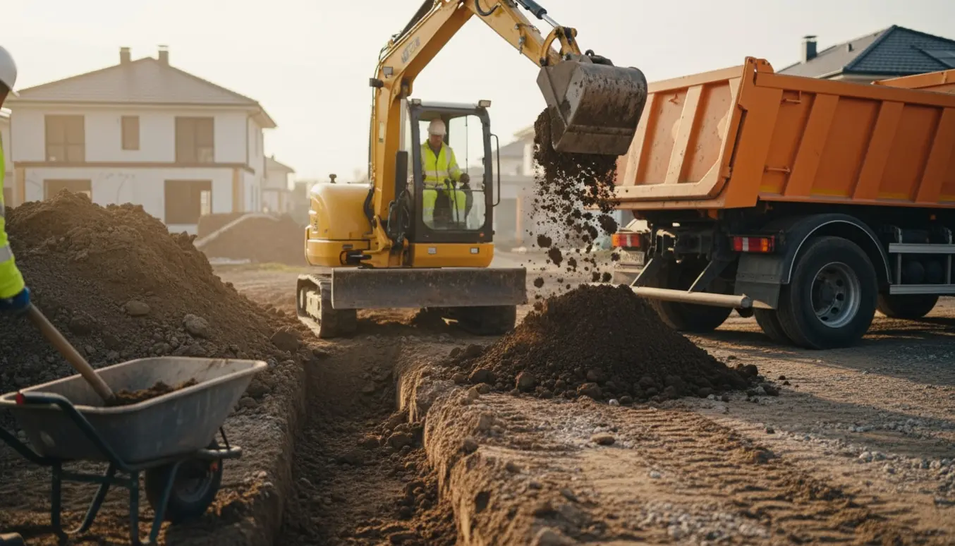 Ekskavator læsser jord op i en tippertruck ved en privat byggeplads med en stor jordbunke.