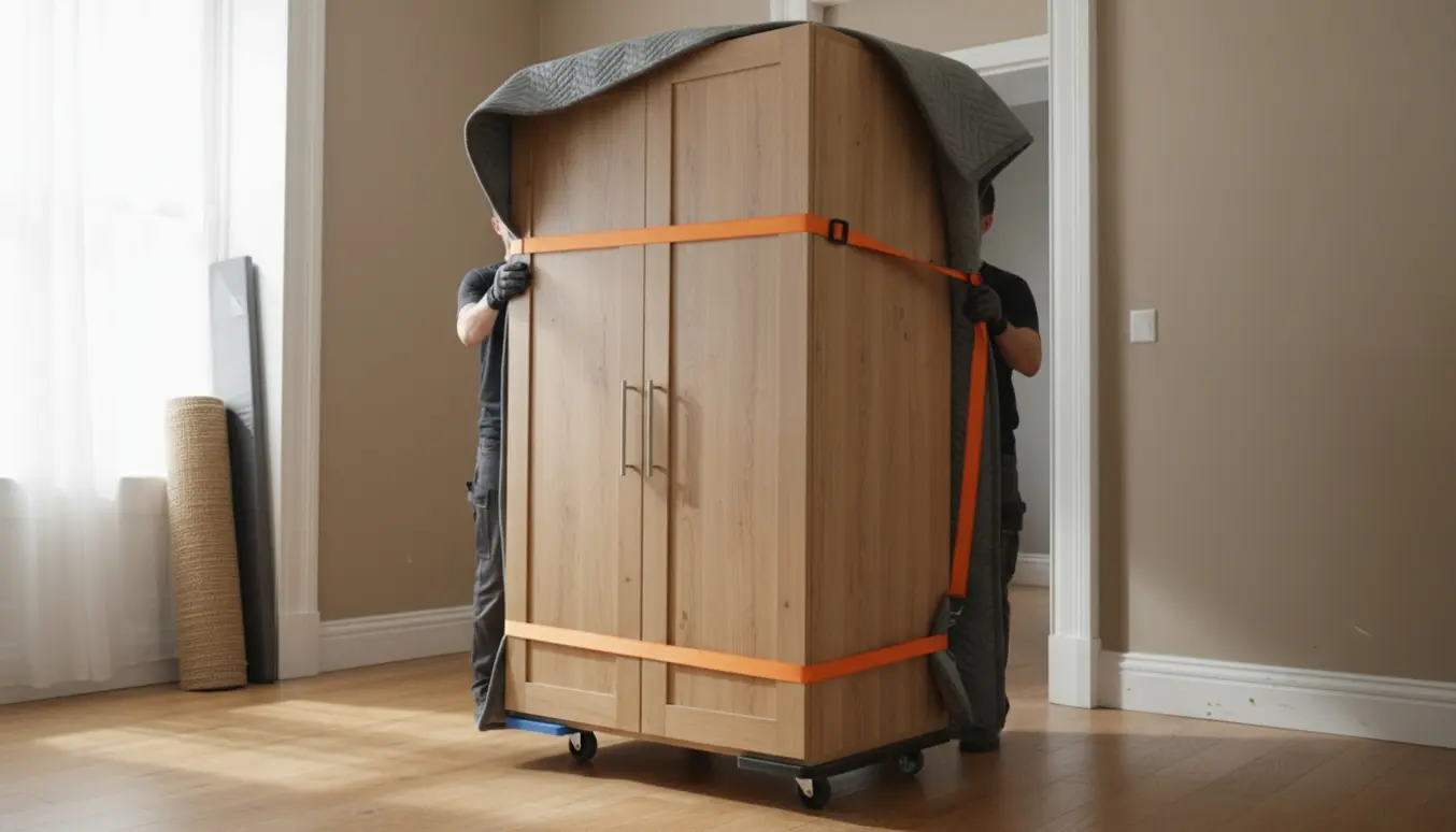 Et samlet klædeskab flyttes gennem en døråbning på samme etage med flytteudstyr og beskyttelsesplader.