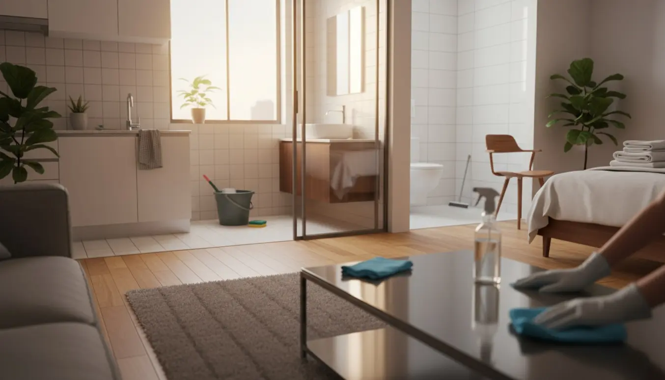 Åben stue-køkken med rengøringsredskaber og et lille, skinnende badeværelse set i naturligt dagslys.