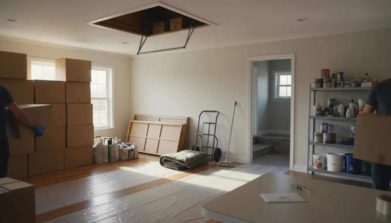 Halvt tømt hus klar til salg med stabler af flyttekasser, rullevogn, åben kælder med malingsdåser og let rengøring.