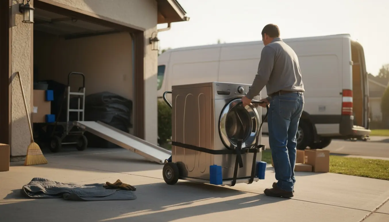 Vaskemaskine på tralle foran garage klar til afhentning.