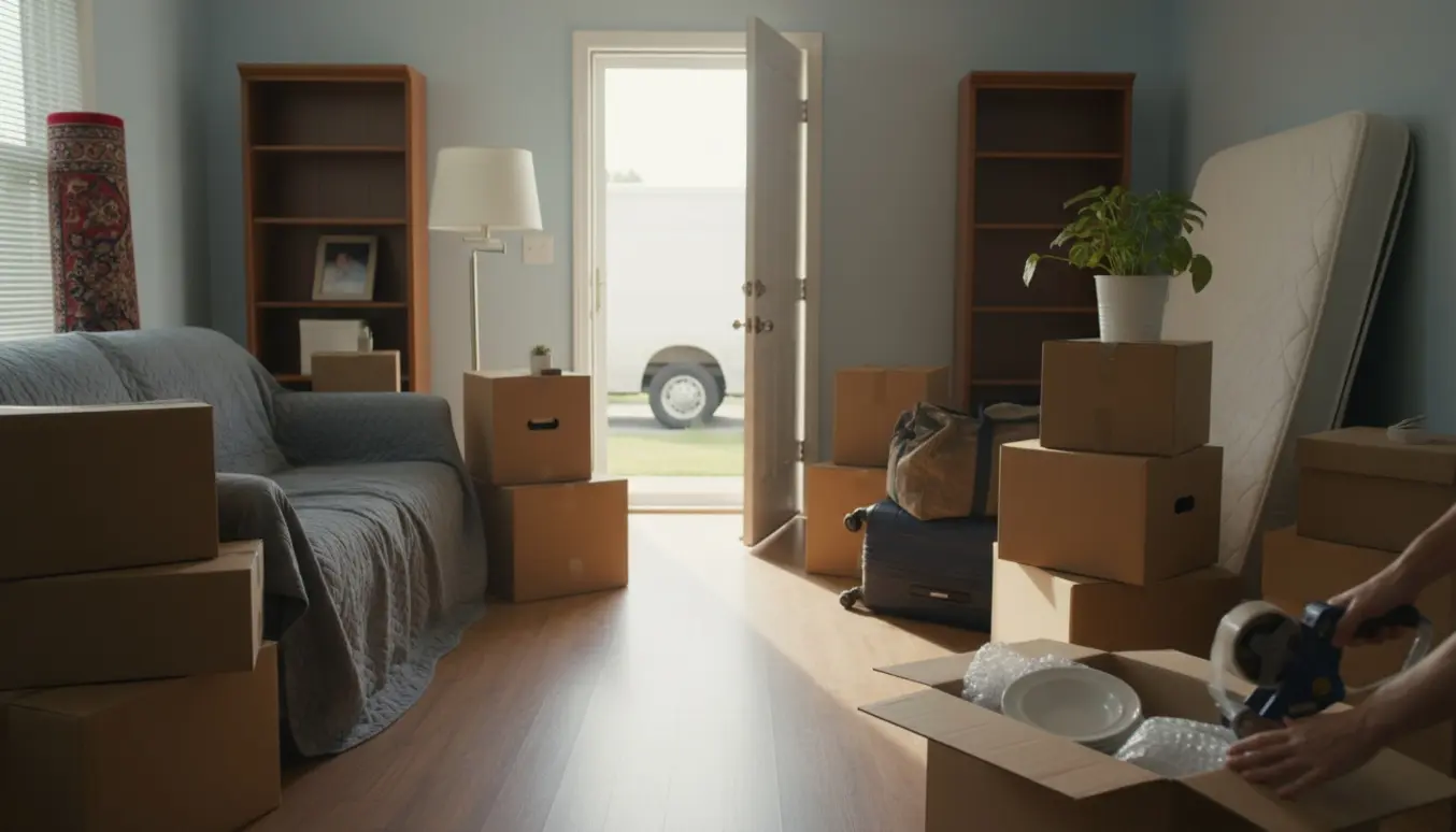 Stue fyldt med omkring 27 flyttekasser og kufferter, hænder lukker en kasse mens døren står åben mod en flyttebil.