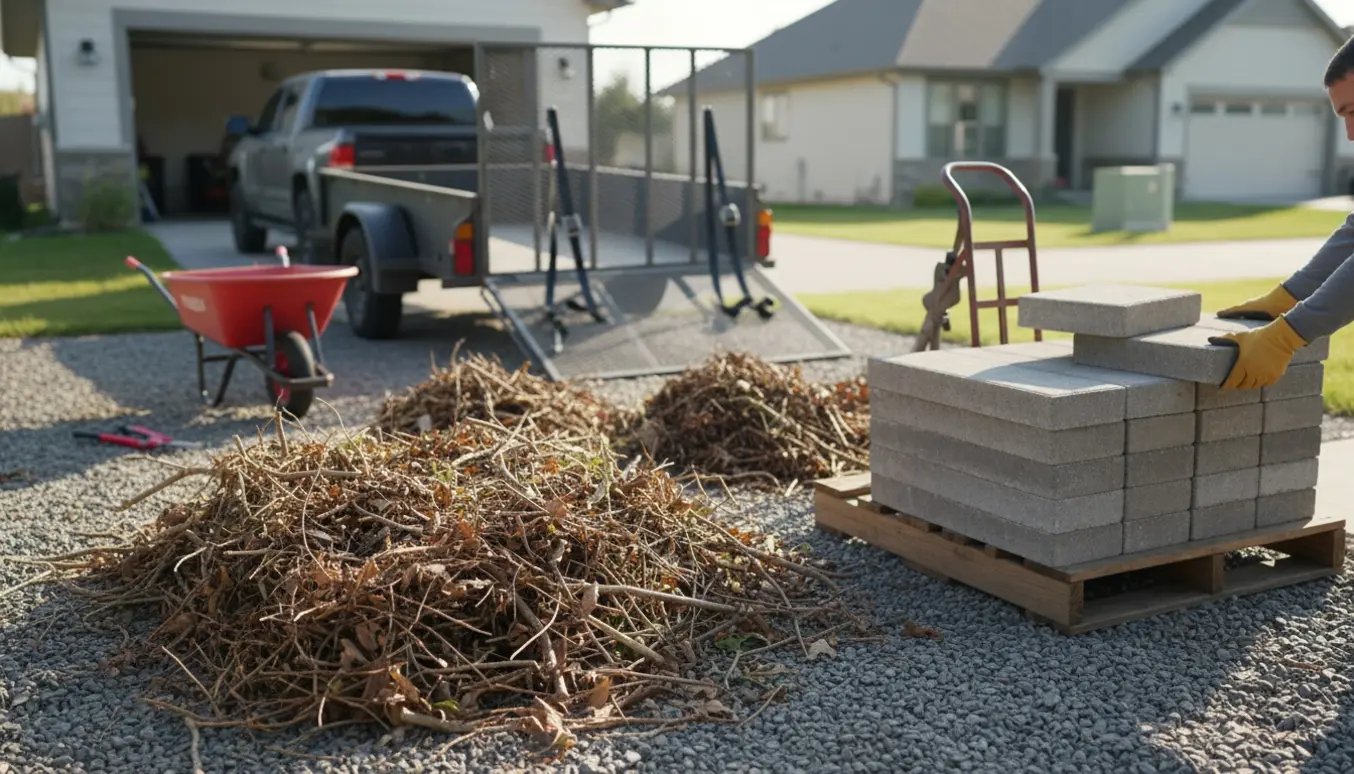 Tørre grene og en stak fliser i en indkørsel klar til bortkørsel.
