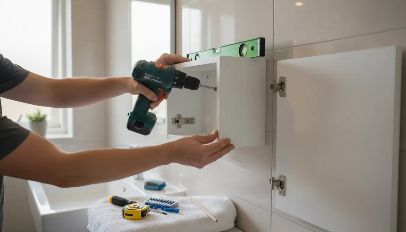 Hænder monterer og fastgør et væghængt IKEA-badeværelsesskab med en ny låge og værktøj på vaskekanten.