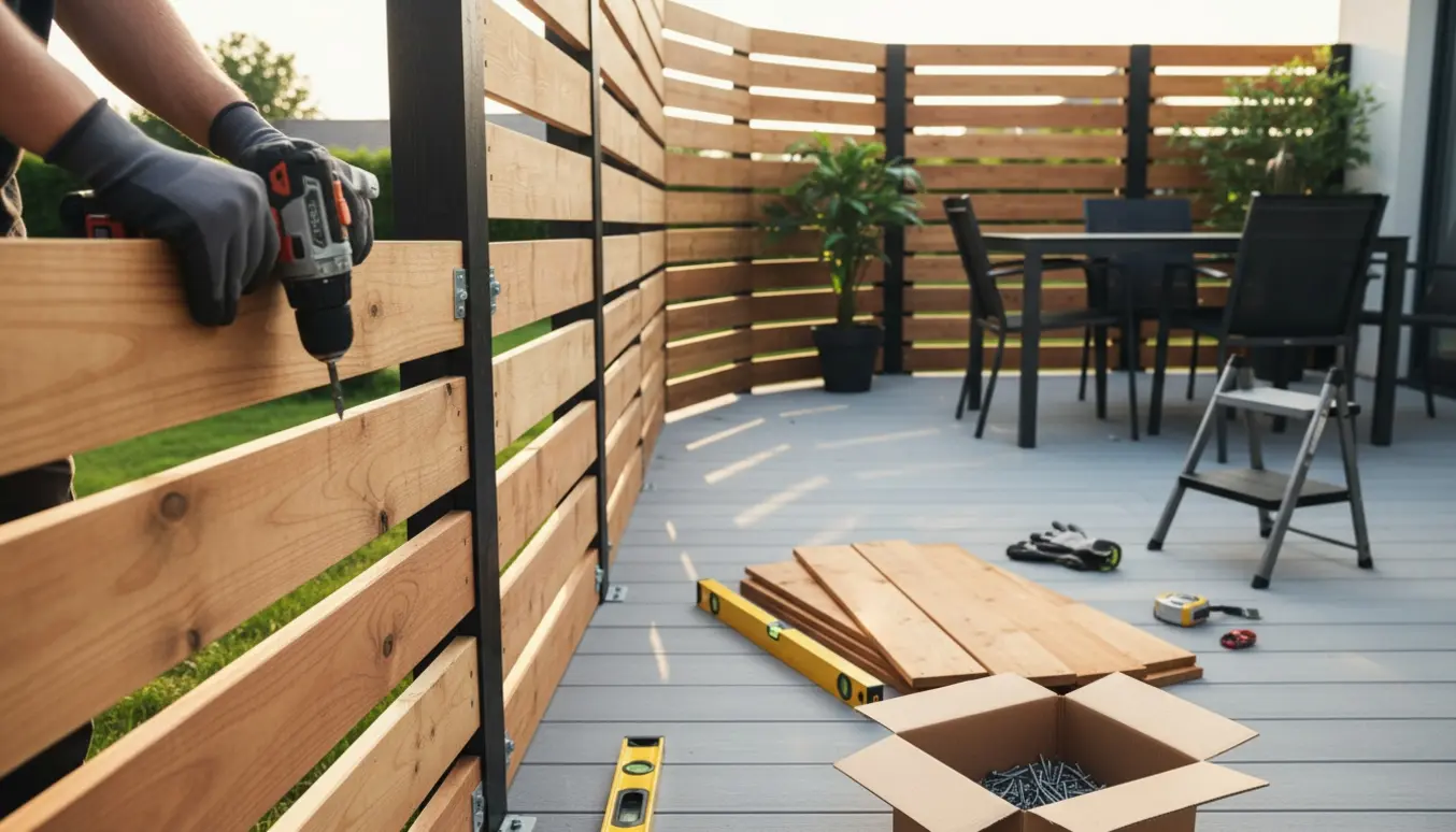 Montage af træafskærmning rundt om en terrasse med værktøj og planter i blødt eftermiddagslys.