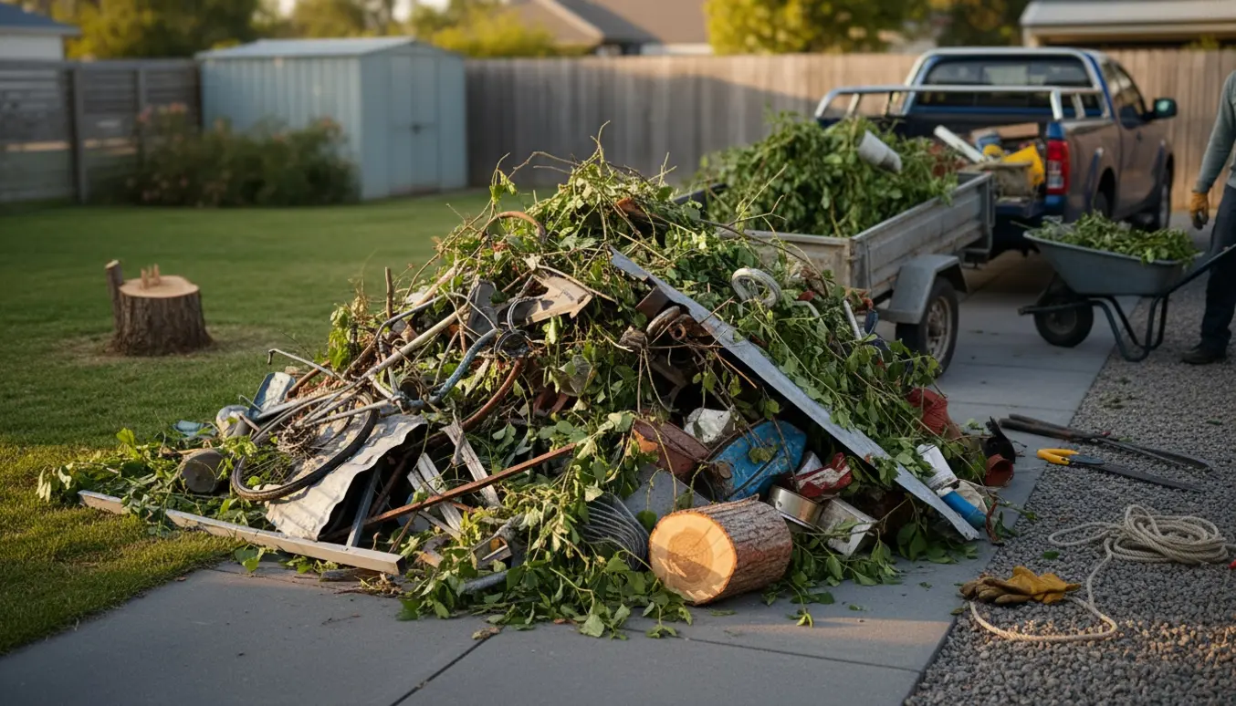 Stor bunke blandet metal og haveaffald ved indkørsel, inkl. et fældet træstykke og værktøj.