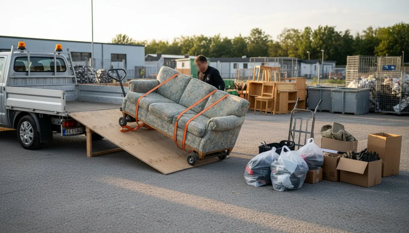 Sofa og sække med tøj læsses af på en losseplads i Fredericia.