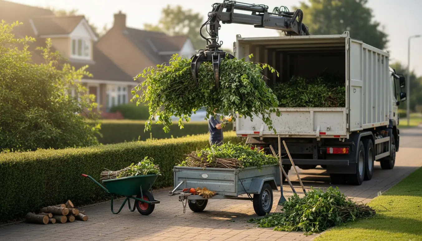 En lastbil med grab løfter grene over en hæk, mens en trailer på indkørslen er halvt fyldt med grønt affald.