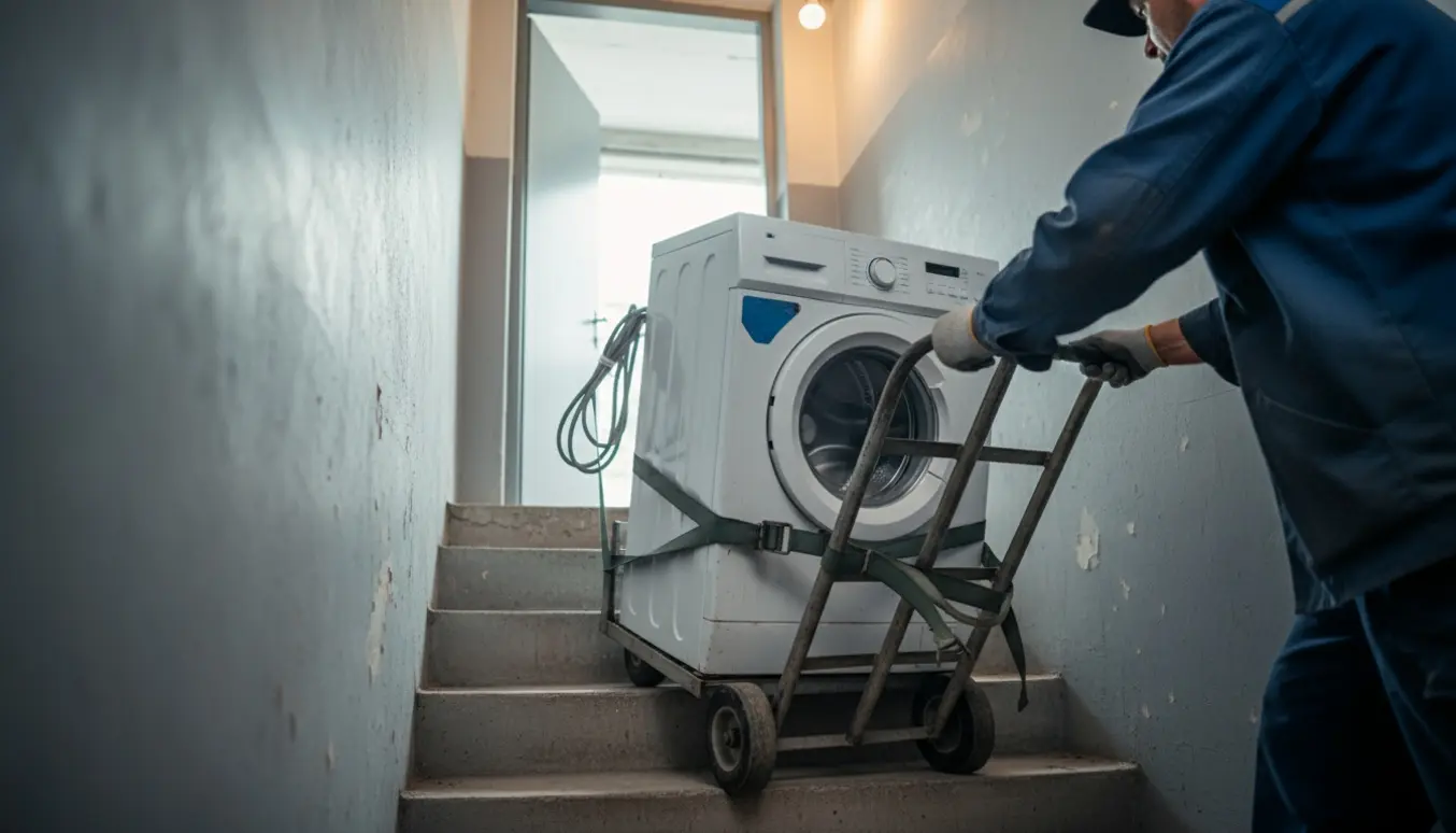 En person trækker en brugt, fungerende vaskemaskine på sækkevogn ned ad tre kældertrapper.