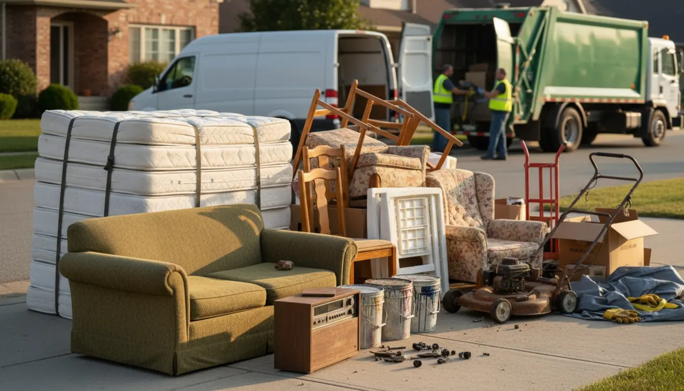 Storskrald samlet ved fortovet med sofa, madrasser, stole, plæneklipper og malerspande klar til afhentning.