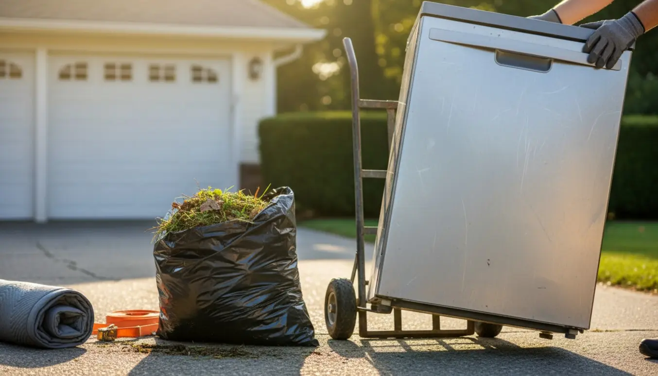 Opvaskemaskine læsses i en varebil ved siden af en pose med haveaffald på en solrig indkørsel.
