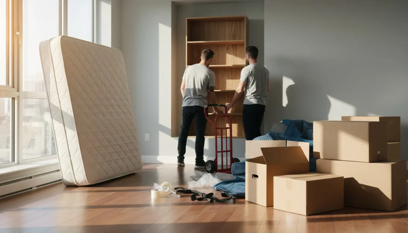 Soloplyst lejlighed midt i flytning med seng, reol og stabler af flyttekasser.