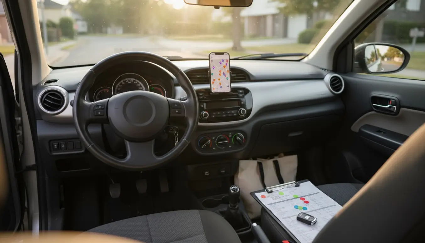 Nærbillede af bilinteriør med hænder på rattet, nøgler og en rute med farvede prikker på passagersædet.