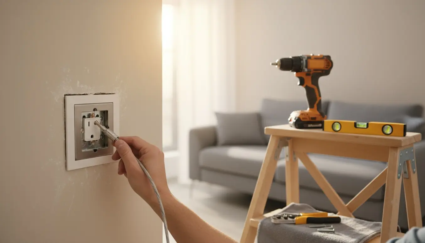 Nærbillede af hænder, der monterer en tv-stikdåse i væggen med coax-kabel og håndværktøj.