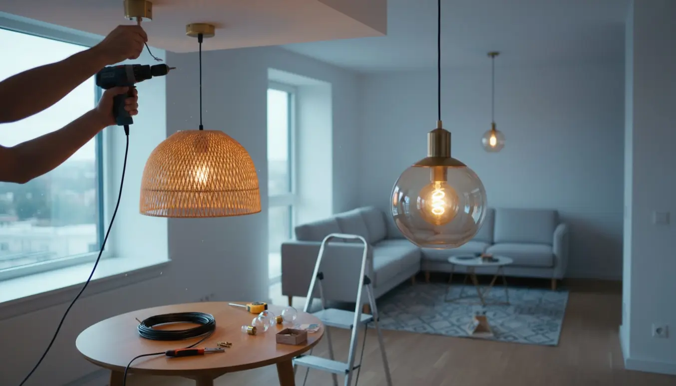 To pendellamper hænger i en lejlighed, mens en person på en stige tilpasser en armatur, og værktøj ligger klar.
